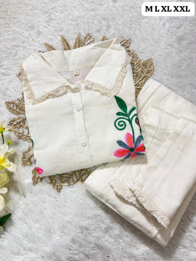 Shivam Hub Women's Cotton Flax Embroidered Co-ord Set – Fully Stitched Premium Ethnic Wear