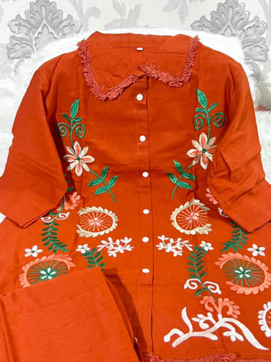 Shivam Hub Women's Cotton Flax Embroidered Co-ord Set – Fully Stitched Premium Ethnic Wear