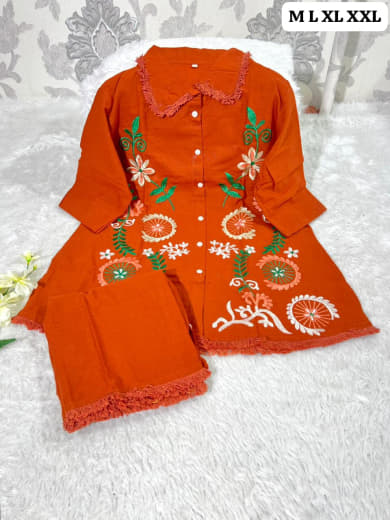 Shivam Hub Women's Cotton Flax Embroidered Co-ord Set – Fully Stitched Premium Ethnic Wear
