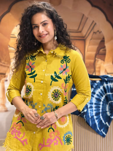 Shivam Hub Women's Cotton Flax Embroidered Co-ord Set – Fully Stitched Premium Ethnic Wear