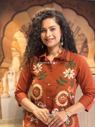 Shivam Hub Women's Cotton Flax Embroidered Co-ord Set – Fully Stitched Premium Ethnic Wear