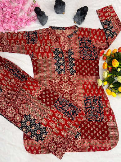 Shivam Hub Women's Pure Soft Rayon Cotton Co-ord Set – Red & Black – Fully Stitched