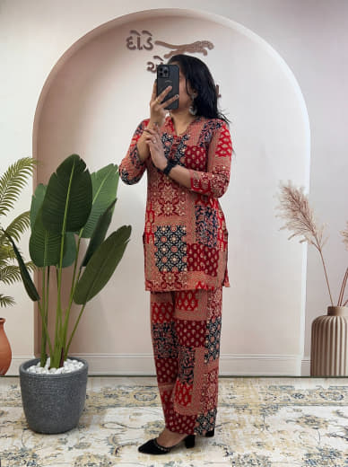 Shivam Hub Women's Pure Soft Rayon Cotton Co-ord Set – Red & Black – Fully Stitched
