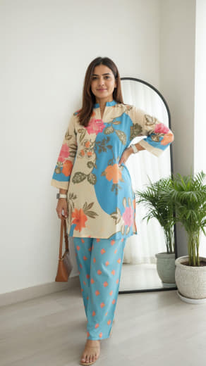 Shivam Hub Women's Japanese Crepe Patch Work Co-ord Set – Fully Stitched Ethnic Wear (Style 2)