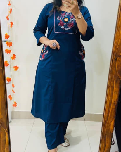 Women Pure Heavy Dhabu Cotton Top with Palazzo Set | Embroidery & Mirror Work | Plus Size Ethnic Wear