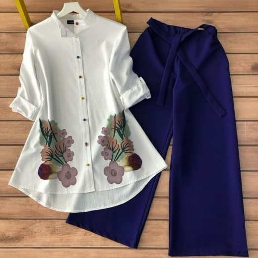Women Poly Rayon Tunic with Stretchable Lycra Palazzo Set | Gaj Button Work | High-Low Style | S to 5XL