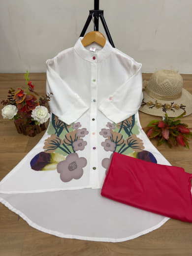 Women Poly Rayon Tunic with Stretchable Lycra Palazzo Set | Gaj Button Work | High-Low Style | S to 5XL