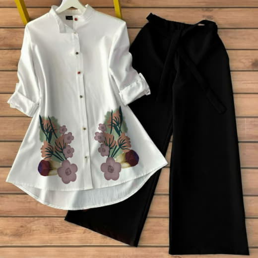 Women Poly Rayon Tunic with Stretchable Lycra Palazzo Set | Gaj Button Work | High-Low Style | S to 5XL