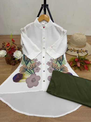 Women Poly Rayon Tunic with Stretchable Lycra Palazzo Set | Gaj Button Work | High-Low Style | S to 5XL