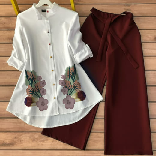 Women Poly Rayon Tunic with Stretchable Lycra Palazzo Set | Gaj Button Work | High-Low Style | S to 5XL