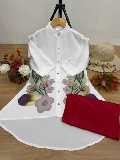 Women Poly Rayon Tunic with Stretchable Lycra Palazzo Set | Gaj Button Work | High-Low Style | S to 5XL
