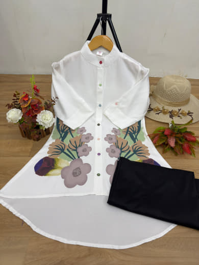 Women Poly Rayon Tunic with Stretchable Lycra Palazzo Set | Gaj Button Work | High-Low Style | S to 5XL