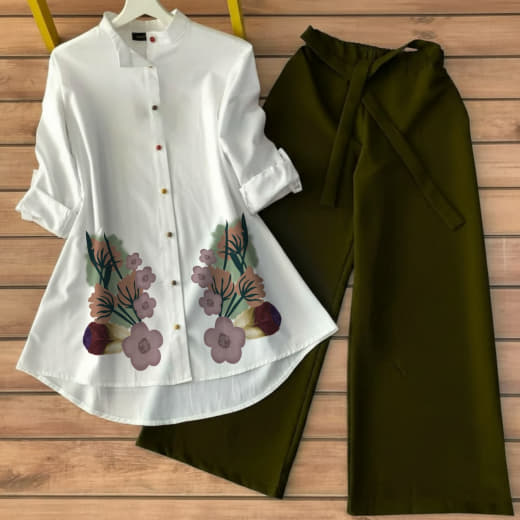Women Poly Rayon Tunic with Stretchable Lycra Palazzo Set | Gaj Button Work | High-Low Style | S to 5XL