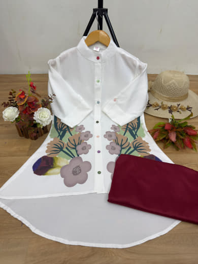 Women Poly Rayon Tunic with Stretchable Lycra Palazzo Set | Gaj Button Work | High-Low Style | S to 5XL