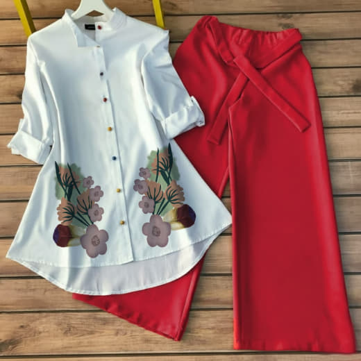Women Poly Rayon Tunic with Stretchable Lycra Palazzo Set | Gaj Button Work | High-Low Style | S to 5XL