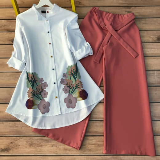Women Poly Rayon Tunic with Stretchable Lycra Palazzo Set | Gaj Button Work | High-Low Style | S to 5XL