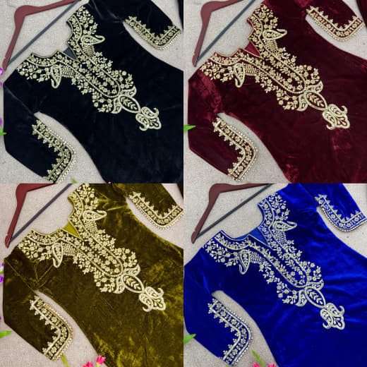 Women Velvet Embroidered Top with Bottom Set | Party Wear Ready to Wear Suit Set | Full Sleeve Velvet Kurti Set