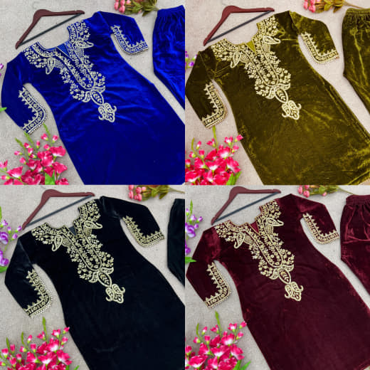 Women Velvet Embroidered Top with Bottom Set | Party Wear Ready to Wear Suit Set | Full Sleeve Velvet Kurti Set