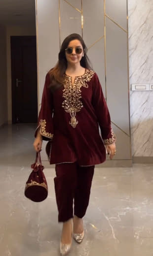 Women Velvet Embroidered Top with Bottom Set | Party Wear Ready to Wear Suit Set | Full Sleeve Velvet Kurti Set