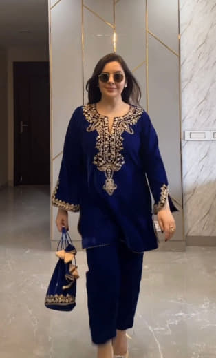 Women Velvet Embroidered Top with Bottom Set | Party Wear Ready to Wear Suit Set | Full Sleeve Velvet Kurti Set