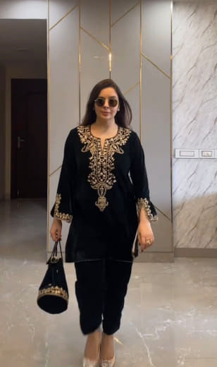 Women Velvet Embroidered Top with Bottom Set | Party Wear Ready to Wear Suit Set | Full Sleeve Velvet Kurti Set