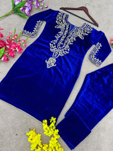Women Velvet Embroidered Top with Bottom Set | Party Wear Ready to Wear Suit Set | Full Sleeve Velvet Kurti Set