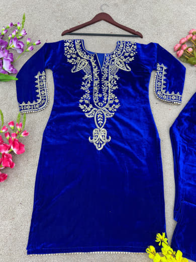 Women Velvet Embroidered Top with Bottom Set | Party Wear Ready to Wear Suit Set | Full Sleeve Velvet Kurti Set