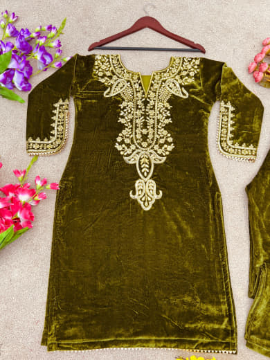 Women Velvet Embroidered Top with Bottom Set | Party Wear Ready to Wear Suit Set | Full Sleeve Velvet Kurti Set