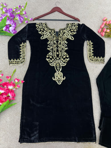 Women Velvet Embroidered Top with Bottom Set | Party Wear Ready to Wear Suit Set | Full Sleeve Velvet Kurti Set