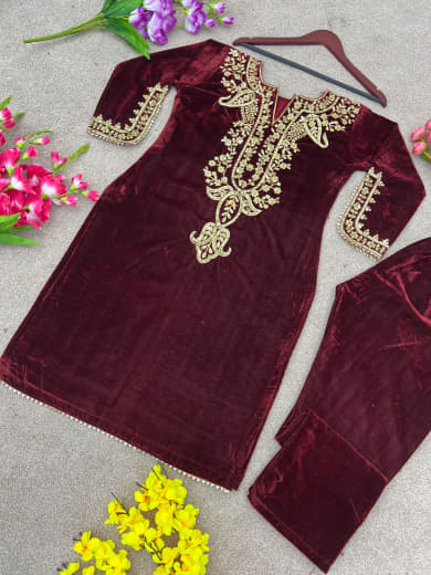 Women Velvet Embroidered Top with Bottom Set | Party Wear Ready to Wear Suit Set | Full Sleeve Velvet Kurti Set