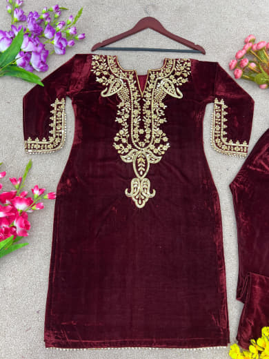 Women Velvet Embroidered Top with Bottom Set | Party Wear Ready to Wear Suit Set | Full Sleeve Velvet Kurti Set