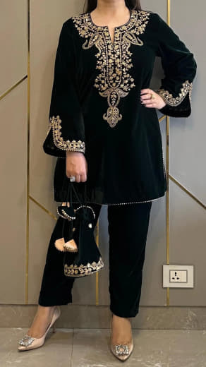 Women Velvet Embroidered Top with Bottom Set | Party Wear Ready to Wear Suit Set | Full Sleeve Velvet Kurti Set