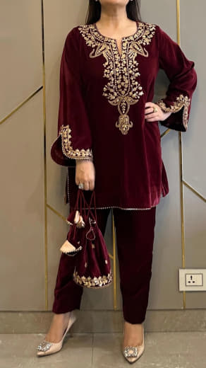 Women Velvet Embroidered Top with Bottom Set | Party Wear Ready to Wear Suit Set | Full Sleeve Velvet Kurti Set