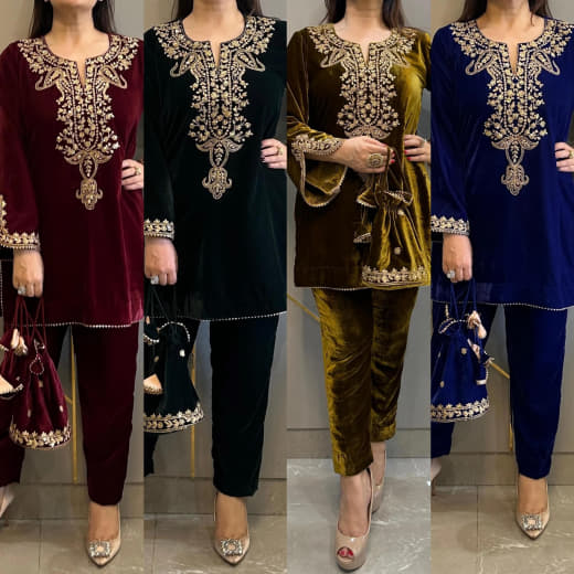 Women Velvet Embroidered Top with Bottom Set | Party Wear Ready to Wear Suit Set | Full Sleeve Velvet Kurti Set