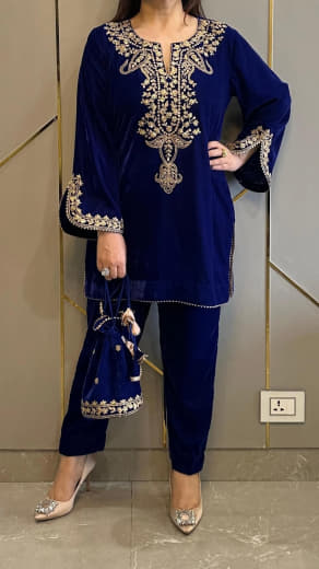 Women Velvet Embroidered Top with Bottom Set | Party Wear Ready to Wear Suit Set | Full Sleeve Velvet Kurti Set