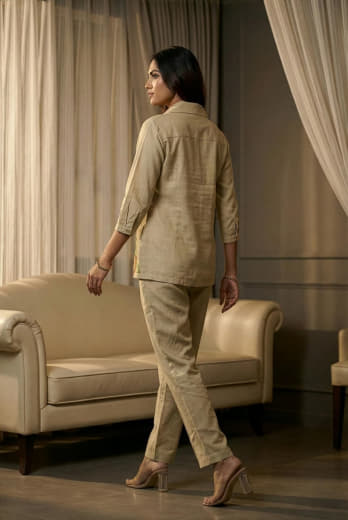 Women Cotton Flex Beige Co-ord Set with Floral Embroidery | Collared Button Down Top & Straight Fit Pant Set