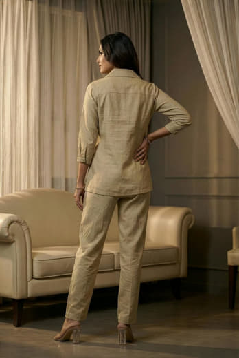 Women Cotton Flex Beige Co-ord Set with Floral Embroidery | Collared Button Down Top & Straight Fit Pant Set