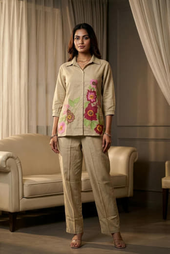 Women Cotton Flex Beige Co-ord Set with Floral Embroidery | Collared Button Down Top & Straight Fit Pant Set