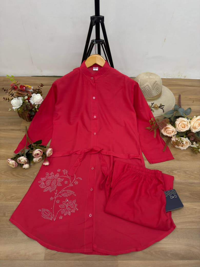 Women Cotton Embroidered Kurta Pant Set with 2 Side Pockets | Office Wear Kurti Set | Button Work Ethnic Set