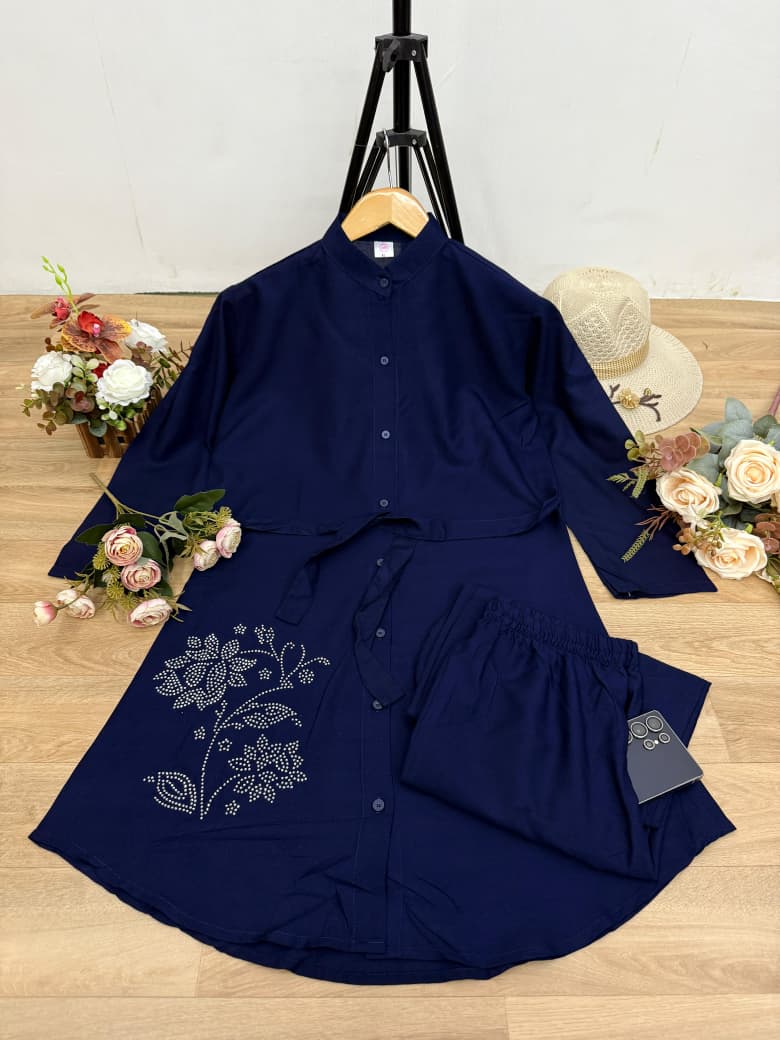 Women Cotton Embroidered Kurta Pant Set with 2 Side Pockets | Office Wear Kurti Set | Button Work Ethnic Set