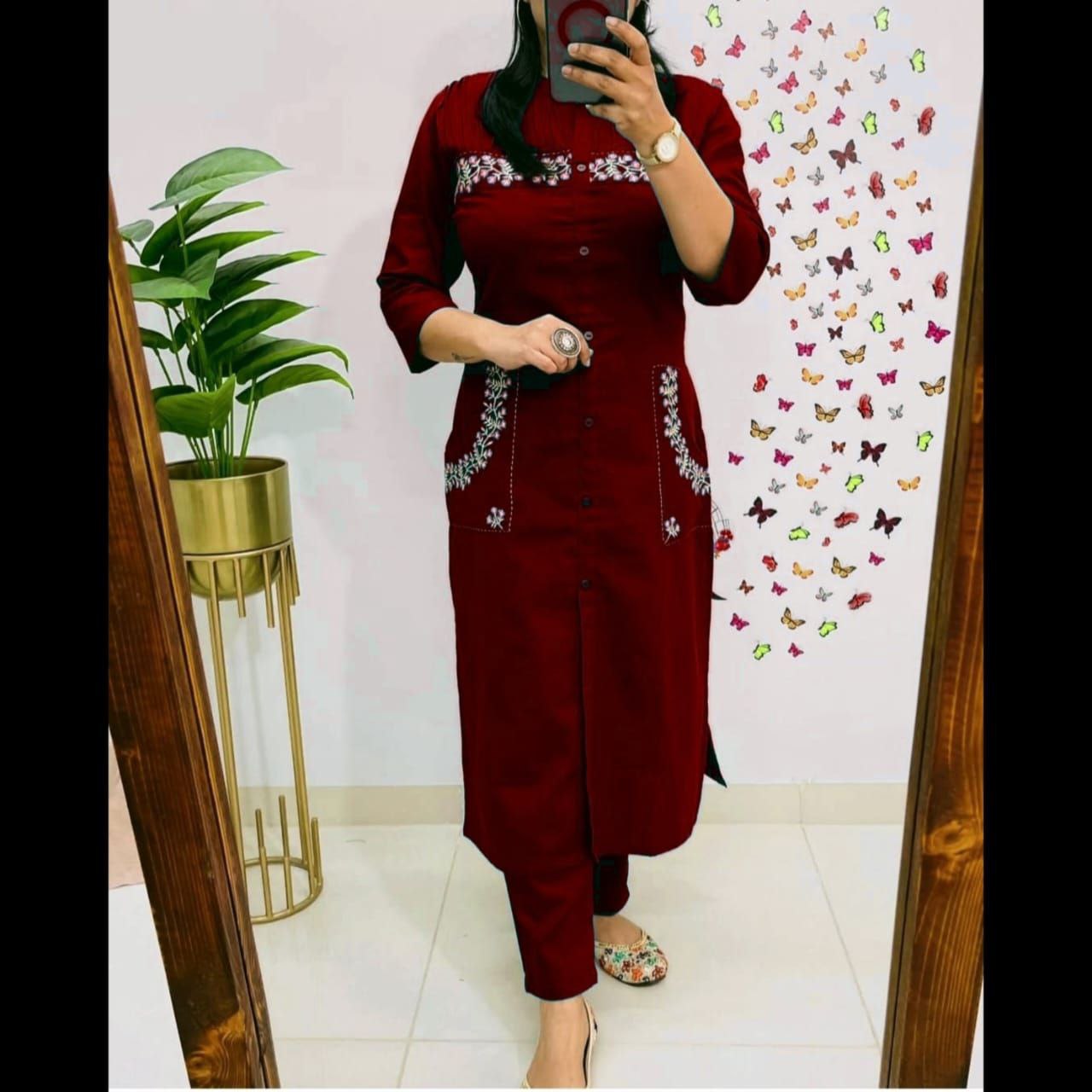 Women Cotton Embroidered Kurta Pant Set with 2 Side Pockets | Office Wear Kurti Set | Button Work Ethnic Set