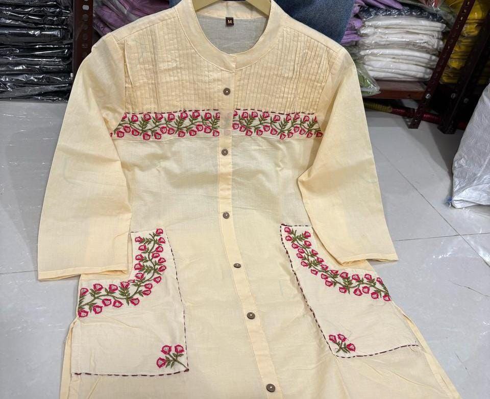 Women Cotton Embroidered Kurta Pant Set with 2 Side Pockets | Office Wear Kurti Set | Button Work Ethnic Set