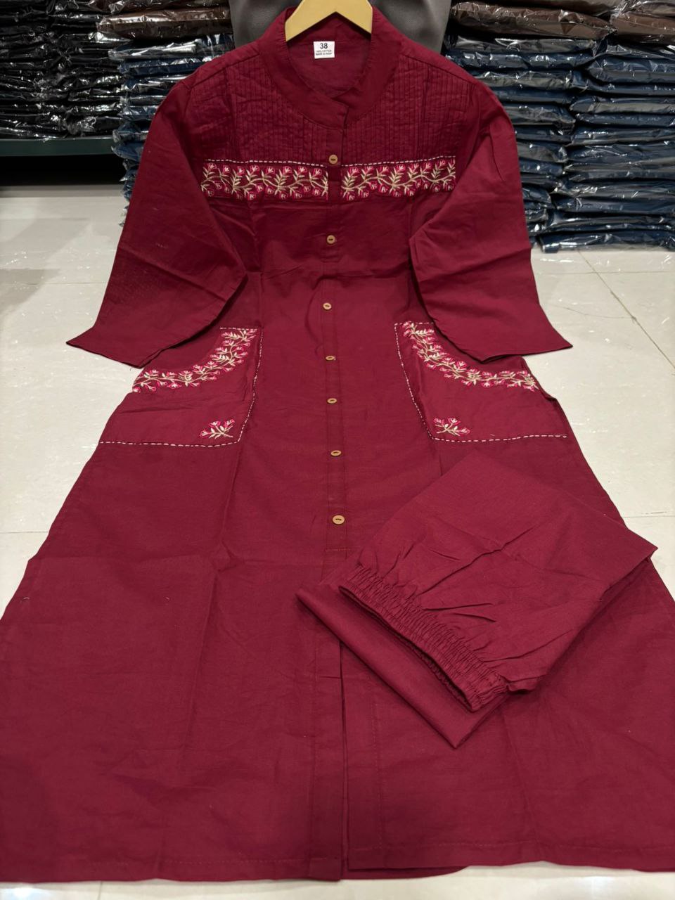Women Cotton Embroidered Kurta Pant Set with 2 Side Pockets | Office Wear Kurti Set | Button Work Ethnic Set
