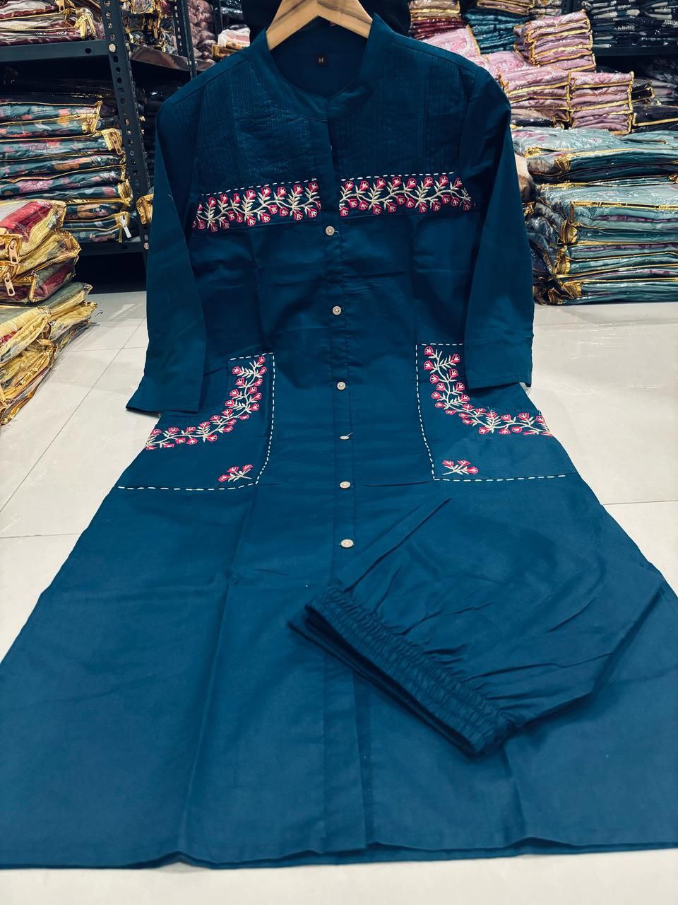 Women Cotton Embroidered Kurta Pant Set with 2 Side Pockets | Office Wear Kurti Set | Button Work Ethnic Set
