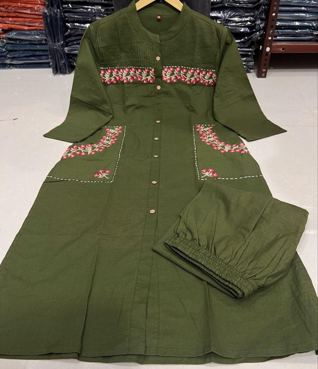 Women Cotton Embroidered Kurta Pant Set with 2 Side Pockets | Office Wear Kurti Set | Button Work Ethnic Set