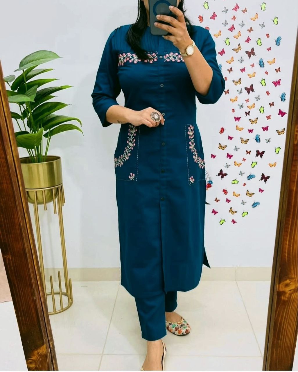 Women Cotton Embroidered Kurta Pant Set with 2 Side Pockets | Office Wear Kurti Set | Button Work Ethnic Set