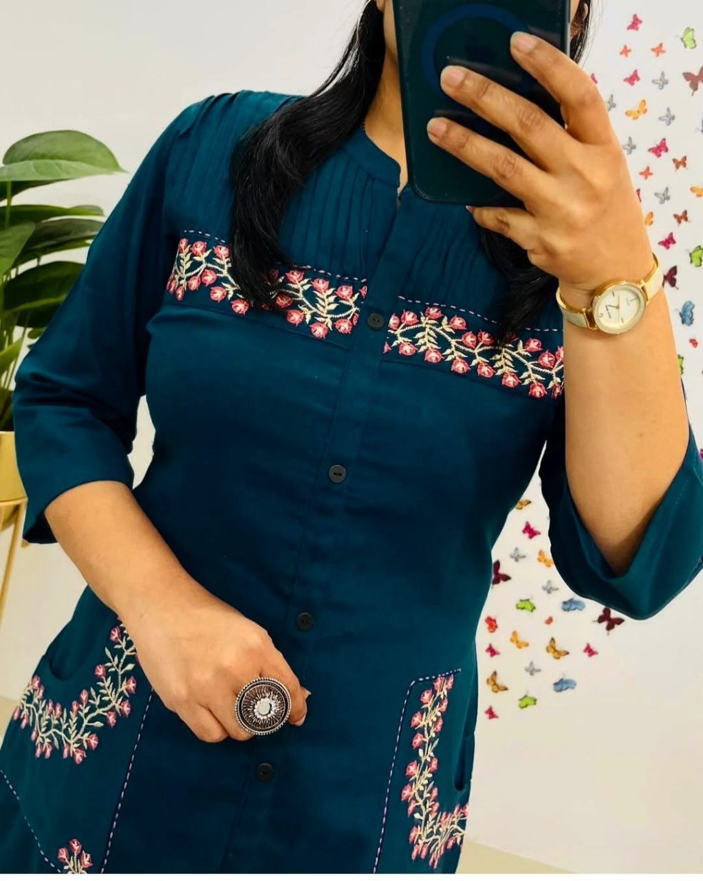 Women Cotton Embroidered Kurta Pant Set with 2 Side Pockets | Office Wear Kurti Set | Button Work Ethnic Set