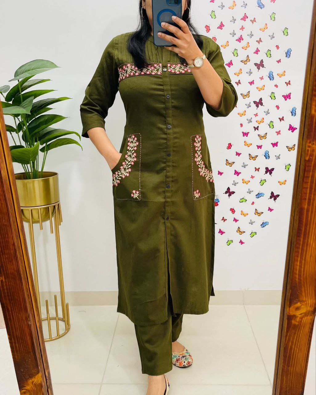Women Cotton Embroidered Kurta Pant Set with 2 Side Pockets | Office Wear Kurti Set | Button Work Ethnic Set