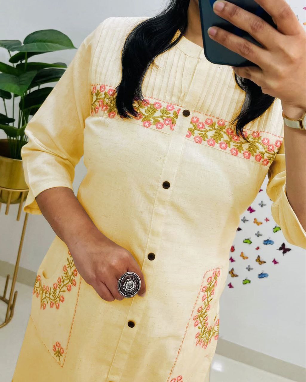 Women Cotton Embroidered Kurta Pant Set with 2 Side Pockets | Office Wear Kurti Set | Button Work Ethnic Set