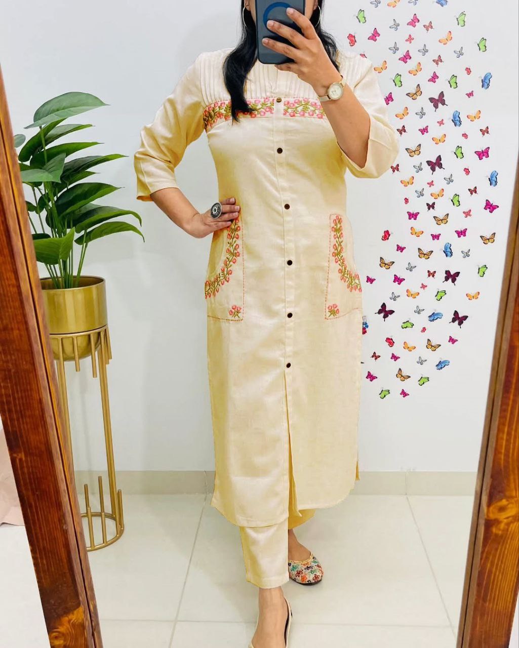 Women Cotton Embroidered Kurta Pant Set with 2 Side Pockets | Office Wear Kurti Set | Button Work Ethnic Set
